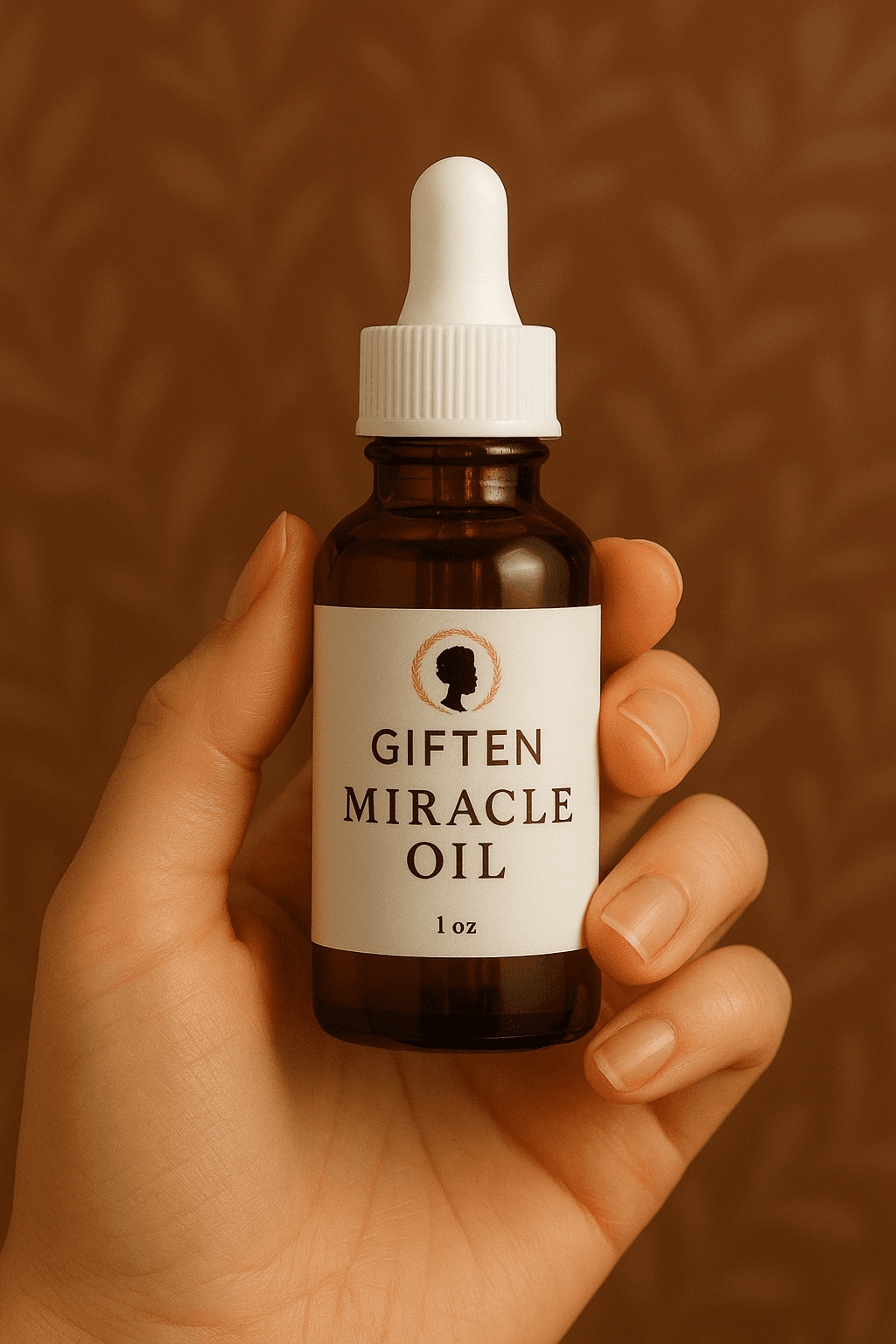 Amber dropper bottle labeled Giften Miracle Oil held in one hand