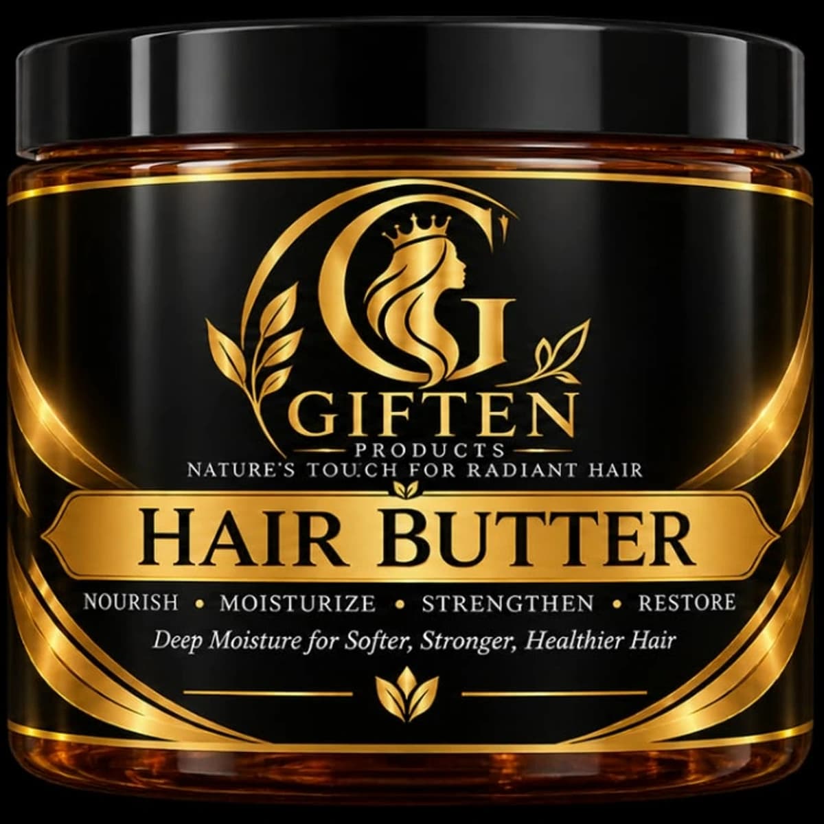Giften Hair Butter in a black jar with a gold label